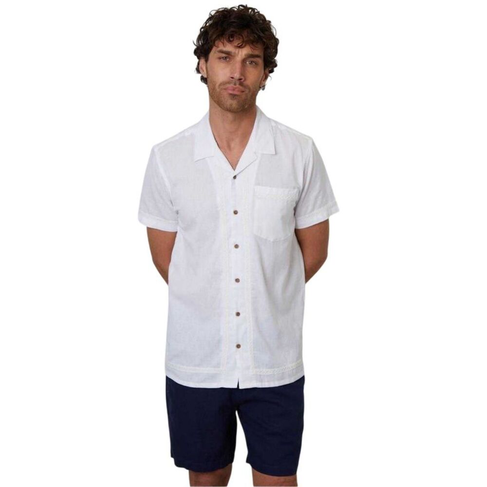 Threadbare Mens Crochet Trim Short-Sleeved Shirt / White